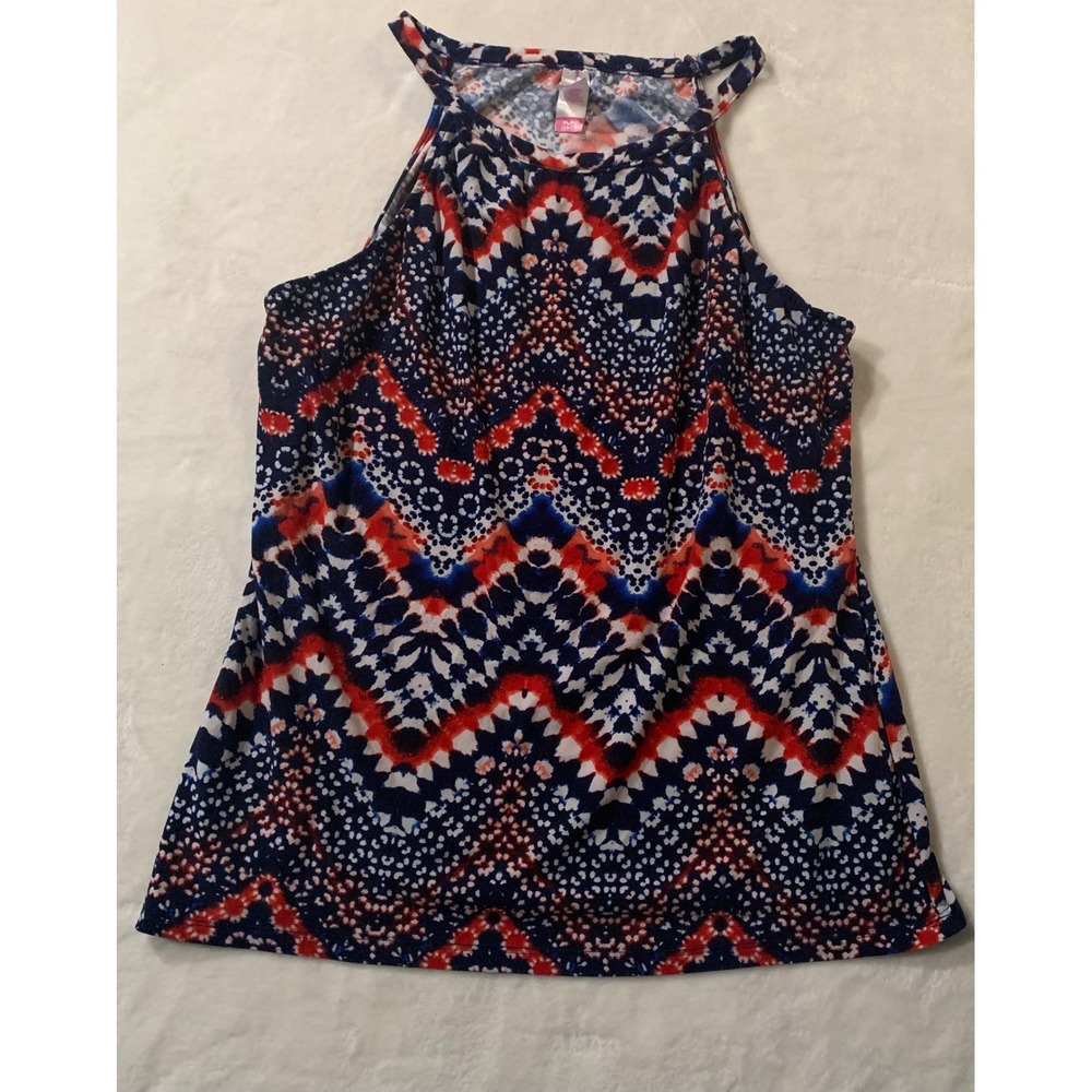 No Boundaries Womens Tank Top XL Geometric Print Red White Blue Halter Tie‎ Dye